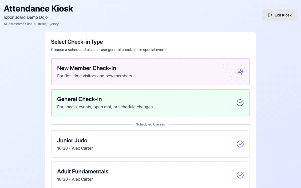 IpponBoard attendance kiosk where members pick New Member Check-In, General Check-in or a scheduled class such as Junior Judo