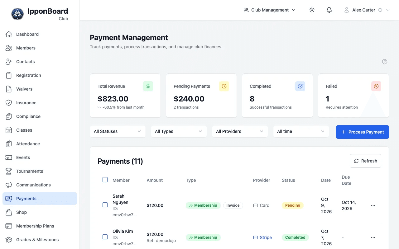 IpponBoard payment management showing total revenue, pending, completed and failed payments, and a list of member payments by card and Stripe