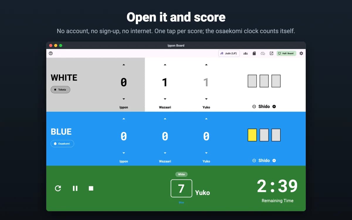 IpponBoard Scoreboard on a Mac scoring a judo contest, with the osaekomi clock counting a hold-down
