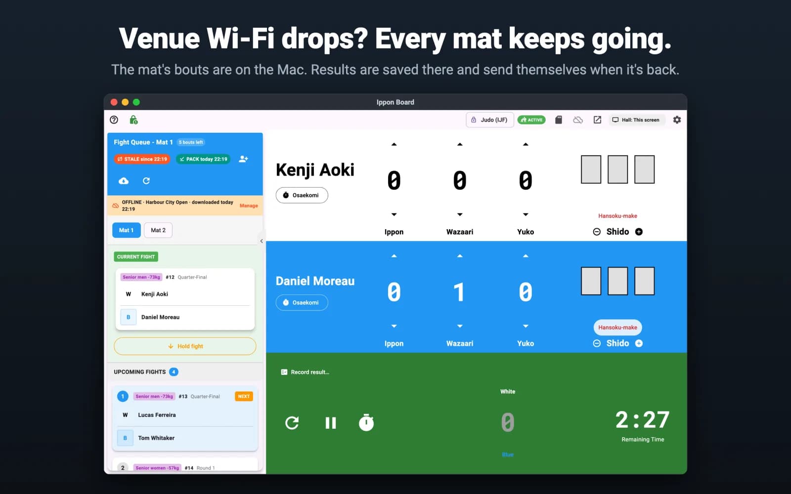 IpponBoard on a Mac offline at Harbour City Open: the Mat 1 fight queue with the current quarter-final and upcoming bouts still scoring with no connection