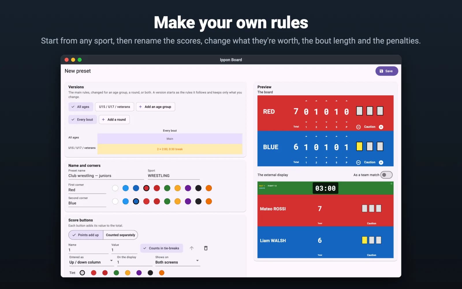 The IpponBoard scoreboard builder making a 'Club wrestling — juniors' preset, with score buttons, corner colours and a live preview of the board and the external display