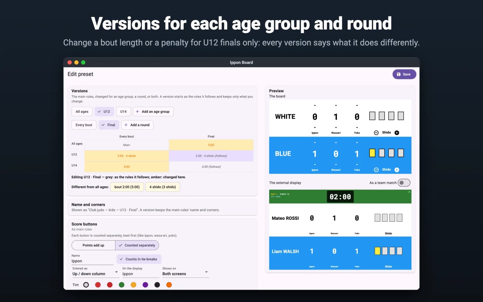 Editing a judo preset in IpponBoard with versions for all ages, U12 and U14 and for every bout and the final; the U12 final has a 2:00 bout and 4 shido