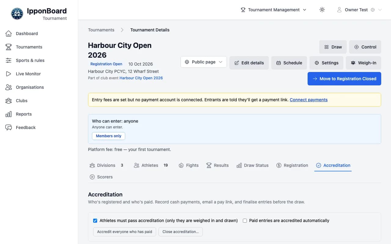 Harbour City Open 2026 Accreditation tab: who's registered and who's paid, with the setting that athletes must pass accreditation before they're weighed in and drawn