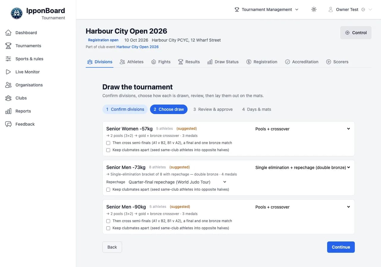Draw the tournament, step 2 Choose draw: each division with its suggested format, such as pools and crossover or single elimination with double-bronze repechage, and a keep clubmates apart option