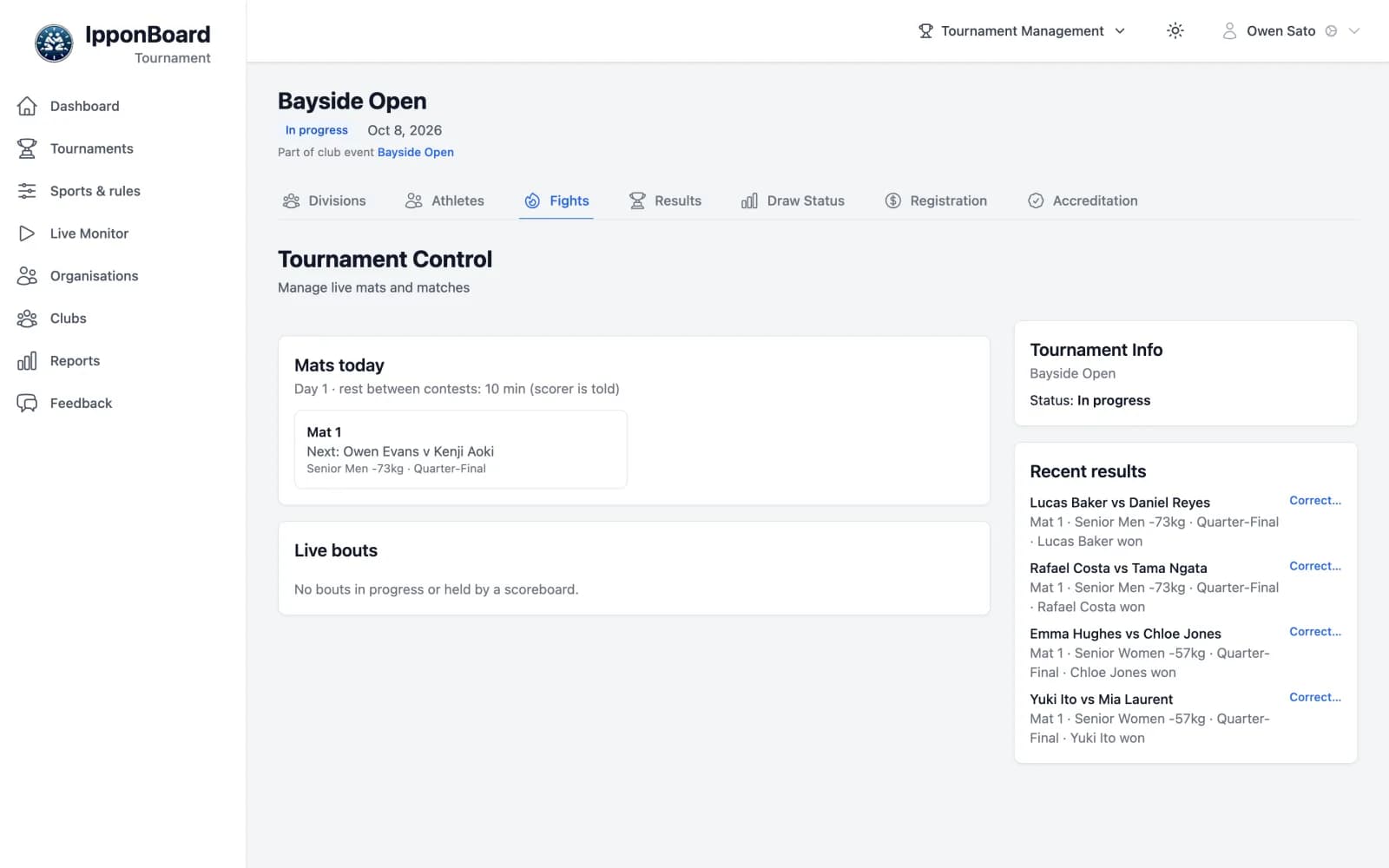 Mat 1 queue on the web: completed bouts with each result and a Correct result link
