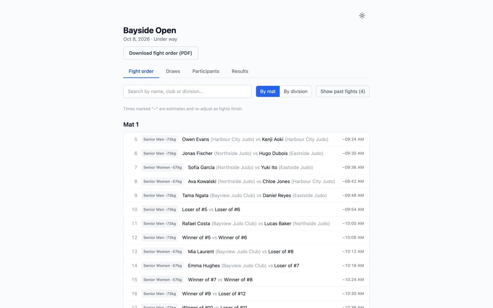 Bayside Open public fight order for Mat 1: numbered bouts with division, athletes and clubs, and an estimated time for each, plus a Download fight order (PDF) button
