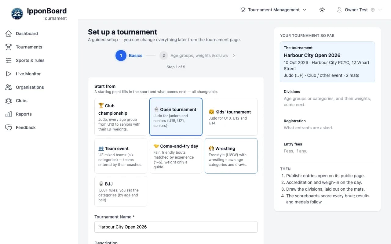IpponBoard tournament setup wizard, step 1 Basics: Start from club championship, open tournament, kids' tournament, team event, come-and-try day, wrestling or BJJ, with a Your tournament so far summary