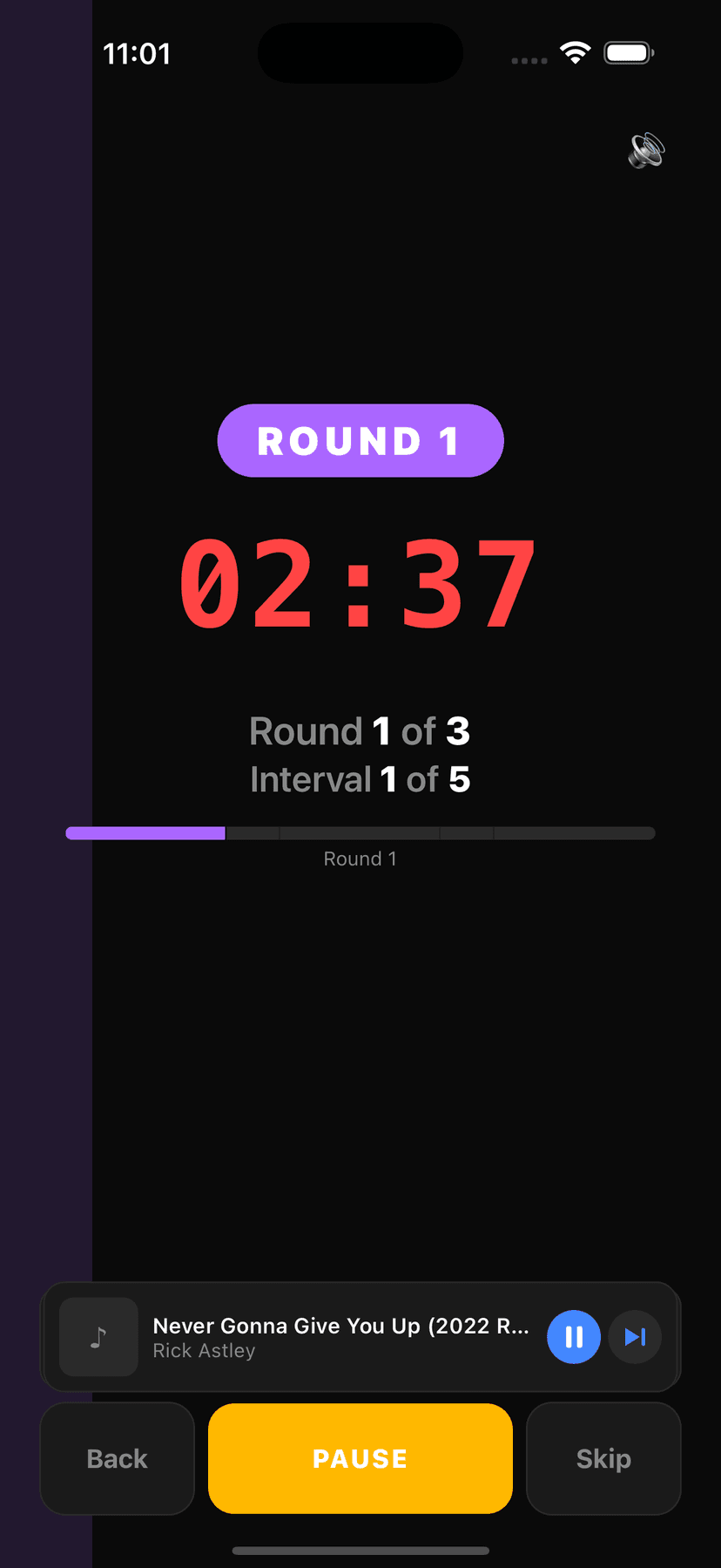 Ippon Timer app showing workout interval configuration with natural language input