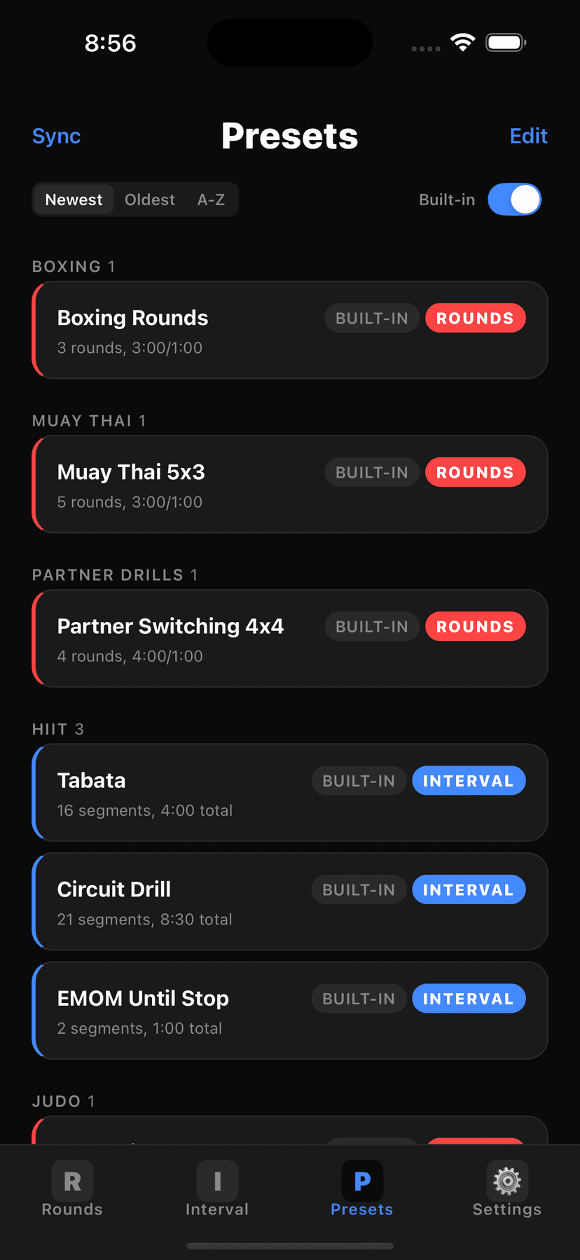 Ippon Timer preset list with saved workouts and home screen widget