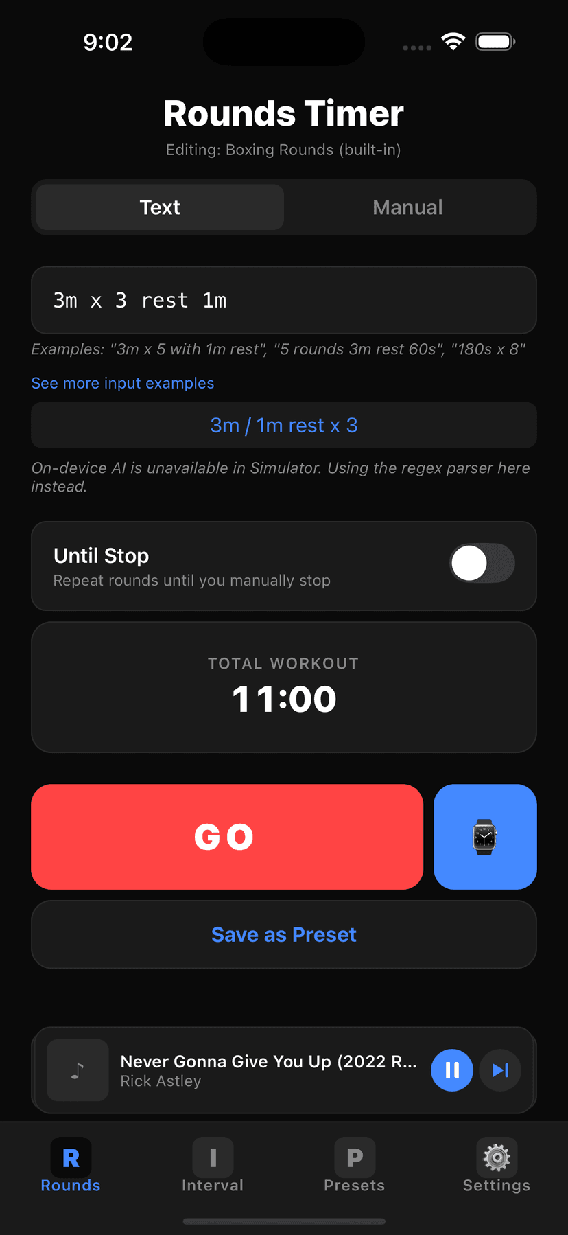 Ippon Timer rounds and interval configuration screens