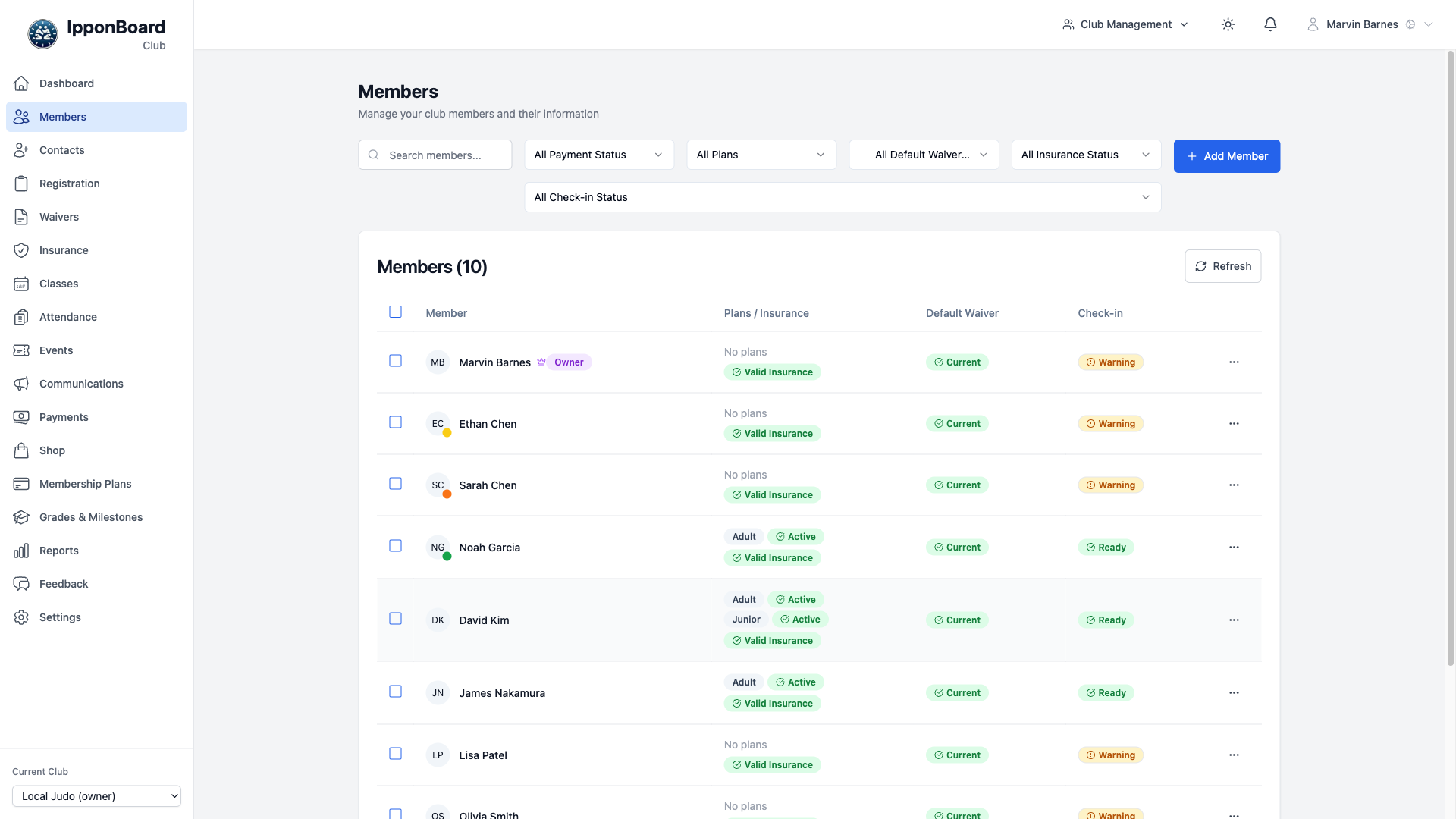 IpponBoard member management dashboard with member profiles, search, and family accounts