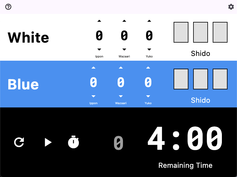 IpponBoard judo scoreboard interface showing White vs Blue with Ippon, Waza-ari, Yuko scoring and Shido penalties